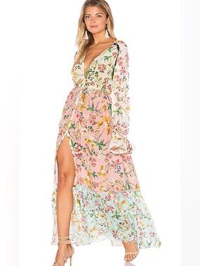 HEMANT & NANDITA Cream Floral Tie waist dress with Yellow & Green Accents